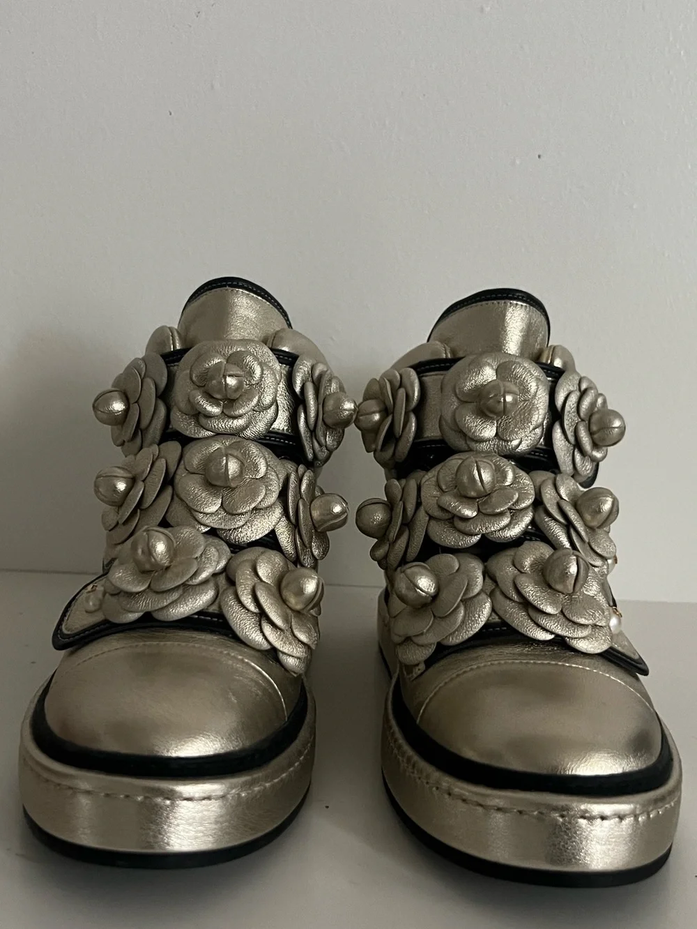 CHANEL Metallic Silver Floral Appliqué Sneakers